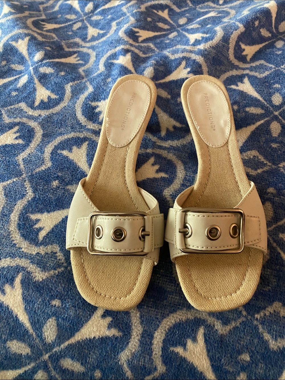 Predictions Cream Slide Mules with Metal Buckle Accent